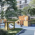 Kids Playground With Wooden Structures Circular Mirrors Blue Flooring Green Lawn Surrounded By Trees Buildings