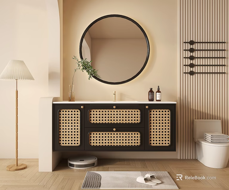 Elegant Modern Bathroom Vanity Cabinet With Rattan Doors White Countertop And Round Mirror 3d model 