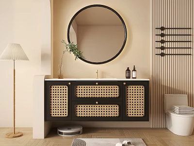 Elegant Modern Bathroom Vanity Cabinet With Rattan Doors White Countertop And Round Mirror 3d model