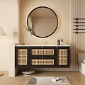 Elegant Modern Bathroom Vanity Cabinet With Rattan Doors White Countertop And Round Mirror