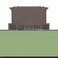 Modern Office Building Featuring Traditional Roof Brown Facade Numerous Windows Grand Entrance And Glass Doors