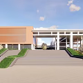 Modern School Building With White Exterior Wooden Structure And Reflection Pool Under Blue Sky