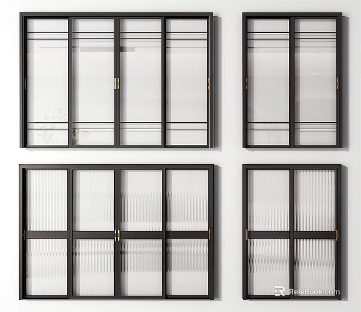 Modern Sliding Doors With Black Frame And Patterned Glass Panel Design 3d model