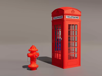 Red Telephone Booth And Fire Hydrant In Urban City Environment 3d model