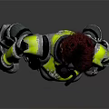 Futuristic Female Character In Yellow And Black Armor Suit Standing On Reflective Gray Background
