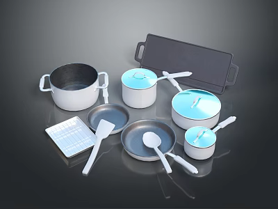 Essential Modern Kitchen Cookware Set With Pots Lids Frying Pan Spatula Baking Tray 3d model