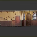 Cartoon Vintage Indoor Scene With Arched Windows Wooden Doors Carriage Staircases Yellow Walls And Red Floors