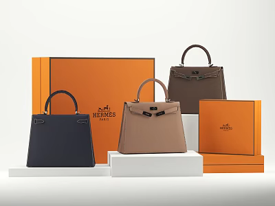 Stylish Handbags In Dark Blue Beige And Dark Brown With Orange Boxes On White Stands 3d model