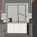 Modern Kitchen Interior With White Cabinets Stainless Steel Refrigerator Window Blinds And Countertop