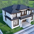 Traditional Chinese Style Two Story Detached Villa Exterior With Black Roof White Walls And Lawn 3d model