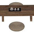 Wooden Dining Table Set With Rattan Chair Cushion And Black Tray Cup Saucers