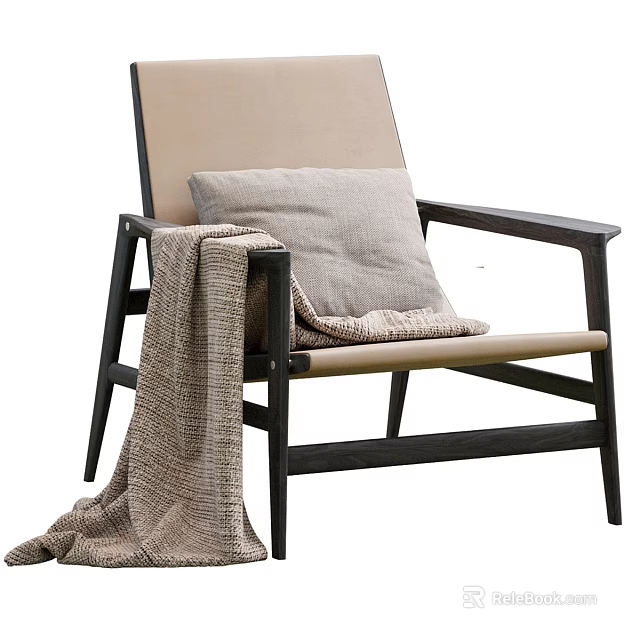 Modern Comfortable Leisure Chair With Black Frame Beige Cushion And Knitted Blanket 3d model 