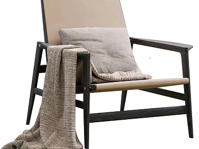 Modern Comfortable Leisure Chair With Black Frame Beige Cushion And Knitted Blanket 3d model