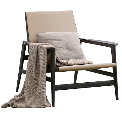 Modern Comfortable Leisure Chair With Black Frame Beige Cushion And Knitted Blanket 3d model