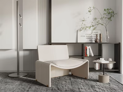Beige Modern Leisure Chair in Living Room with Floor Lamp Bookshelf and Side Table on Gray Rug 3d model