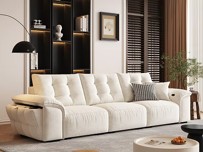 Modern White Sectional Sofa With Comfortable Cushions And Bookshelf Floor Lamp 3d model