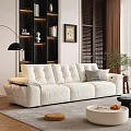 Modern White Sectional Sofa With Comfortable Cushions And Bookshelf Floor Lamp