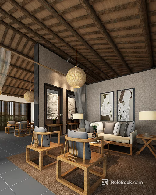 Traditional Teahouse Interior With Wooden Ceiling Pendant Lights Paintings On Walls Sofa And Tables 3d model 