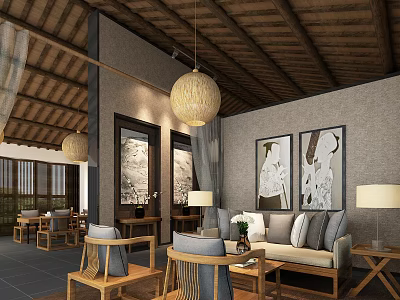 Traditional Teahouse Interior With Wooden Ceiling Pendant Lights Paintings On Walls Sofa And Tables 3d model
