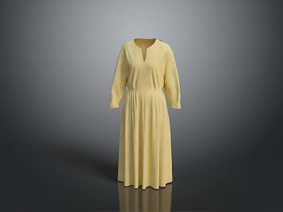 Yellow V Neck Long Sleeved Pleated Maxi Dress With Flowy Skirt Details 3d model