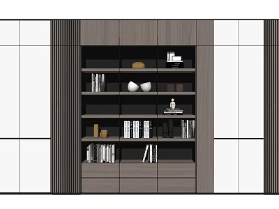 Modern Wooden Bookcase Interior Design With Multiple Shelves Books And Decor Items 3d model