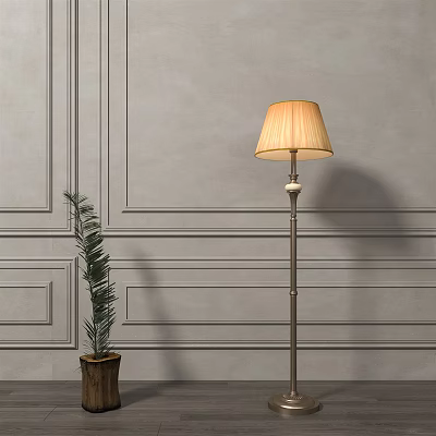 Stylish Floor Lamp With Lampshade And Metal Stand By Gray Paneled Wall With Potted Plant 3d model