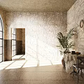 Dining Table Set with White Lace Tablecloth Brown Chairs Palm Plant Stone Wall Decorative Plates