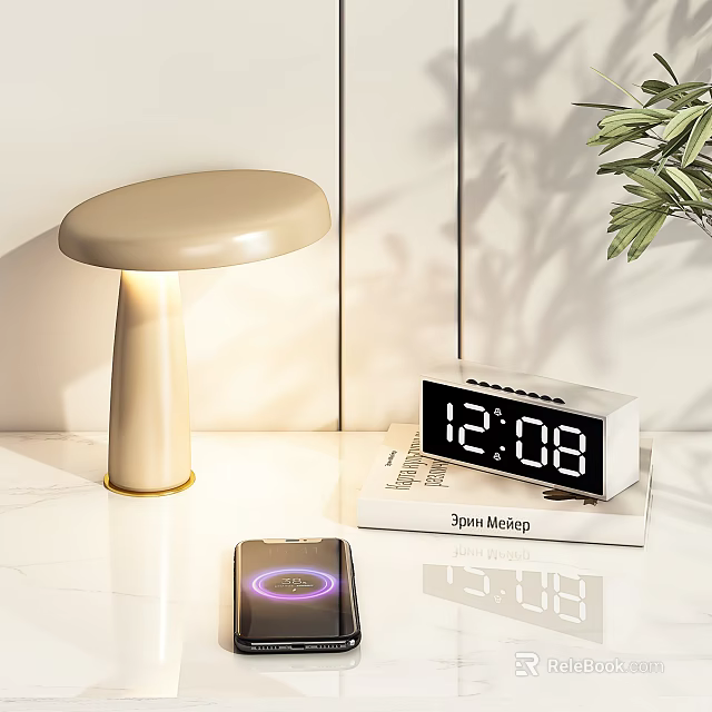 Minimalist Decorative Ornament Set With Beige Table Lamp Digital Clock And Wireless Charger 3d model 