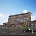 Modern Sales Office Building Exterior Design With Stone Facade Glass Windows And Surrounding Trees