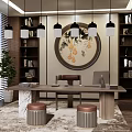 Modern Office Interior With Chinese Style Decor Bookshelves Black Pendant Lights And Wooden Desk