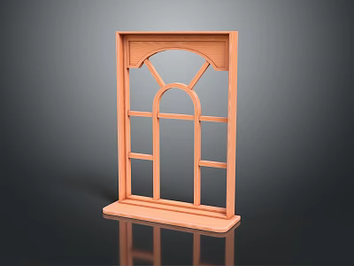 Wooden Window Frame with Arched Top and Pane Structure in 3D Model on Dark Background 3d model