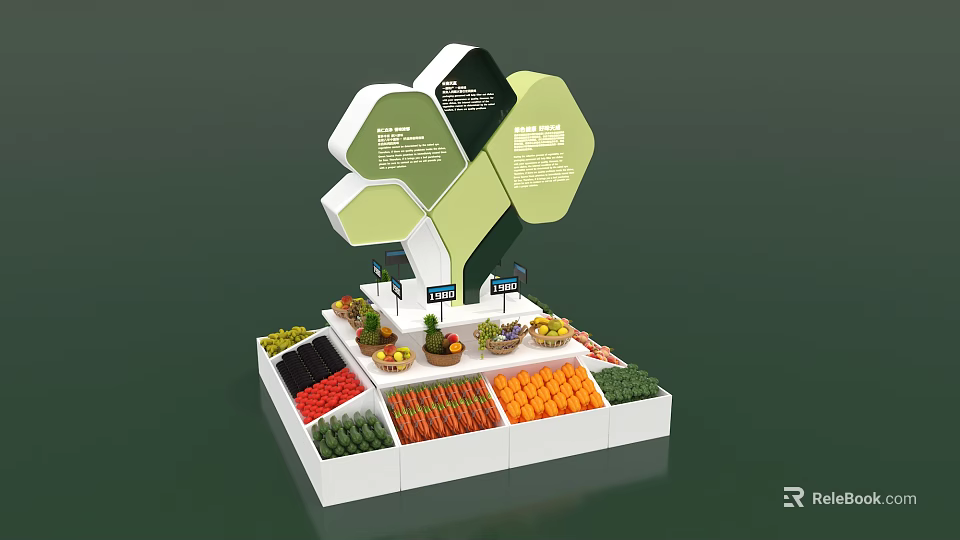 Fruit Store Display Stand Featuring Hexagonal Green White Structures Various Colored Fruits And Price Tags 3d model 