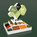 Fruit Store Display Stand Featuring Hexagonal Green White Structures Various Colored Fruits And Price Tags
