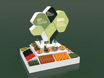 Fruit Store Display Stand Featuring Hexagonal Green White Structures Various Colored Fruits And Price Tags 3d model