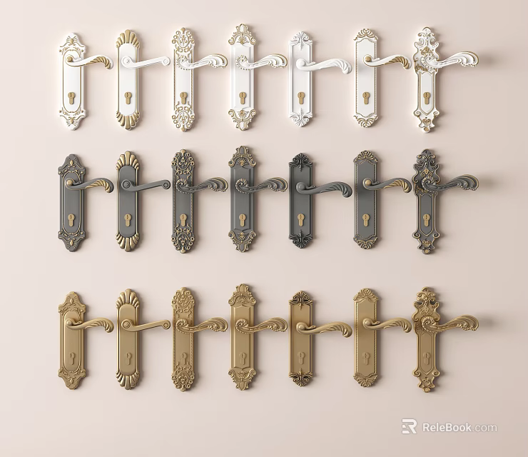 Assorted Door Handles With Ornate Designs And Various Colors On 3d model