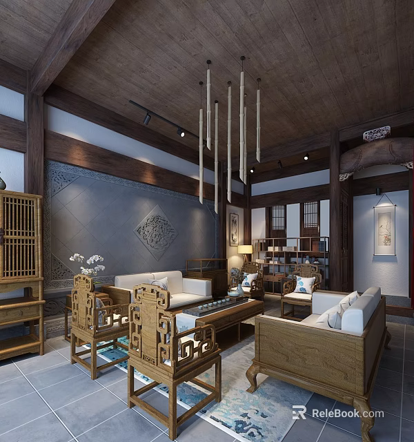 Chinese Style Living Room Interior With Wooden Furniture Traditional Decor And Pendant Lights 3d model 