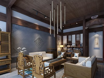 Chinese Style Living Room Interior With Wooden Furniture Traditional Decor And Pendant Lights 3d model