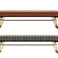 Modern Ottoman Design With Brown Leather And Patterned Fabric Upholstery And Metal Legs