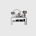 Decorative Ornament Combination With Table Lamps Metal Decor And Geometric Shapes On White Grid Shelf