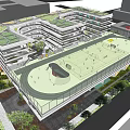Modern School Building With Multi Level Walkways Yellow Staircases Green Plants And Active Students