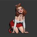 Cartoon Style Woman With Red Bow Curly Hair White Top And Red Skirt Kneeling Pose