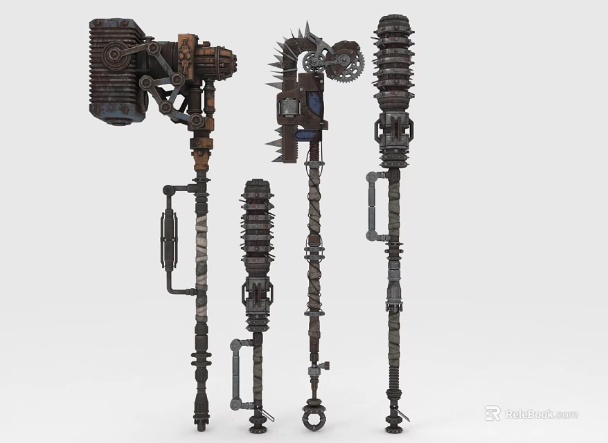 Steampunk Mechanical Weapons With Spiked Heads Geared Handles And Industrial Metal Design 3d model 