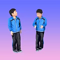 Men in Blue Jackets and Black Pants Carrying Backpacks Against Gradient Purple Pink Background