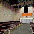 Spacious Hall Interior With Wooden Pews And Fixtures