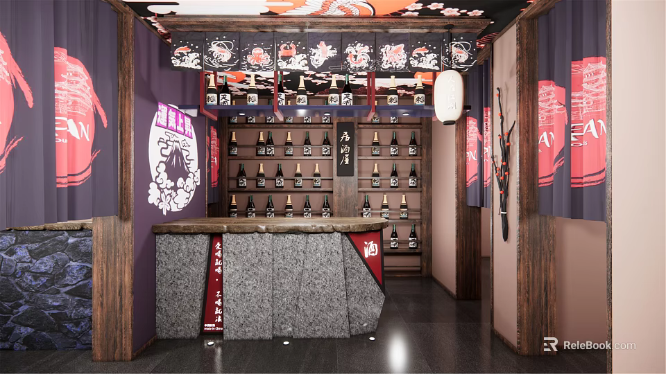 Japanese Restaurant Interior With Sake Bottles Bar Counter And Hanging Lanterns 3d model 