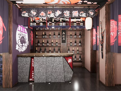 Japanese Restaurant Interior With Sake Bottles Bar Counter And Hanging Lanterns 3d model