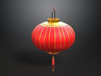 Traditional Red Chinese Lantern With Gold Accents And Hanging Tassel On Dark Background 3d model
