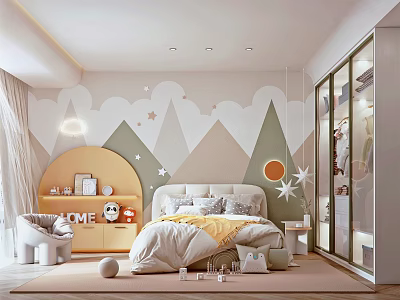 Playful Kids Bedroom With Mountain Star Wall Decor Cozy Bed Round Yellow Shelf And Curtains 3d model