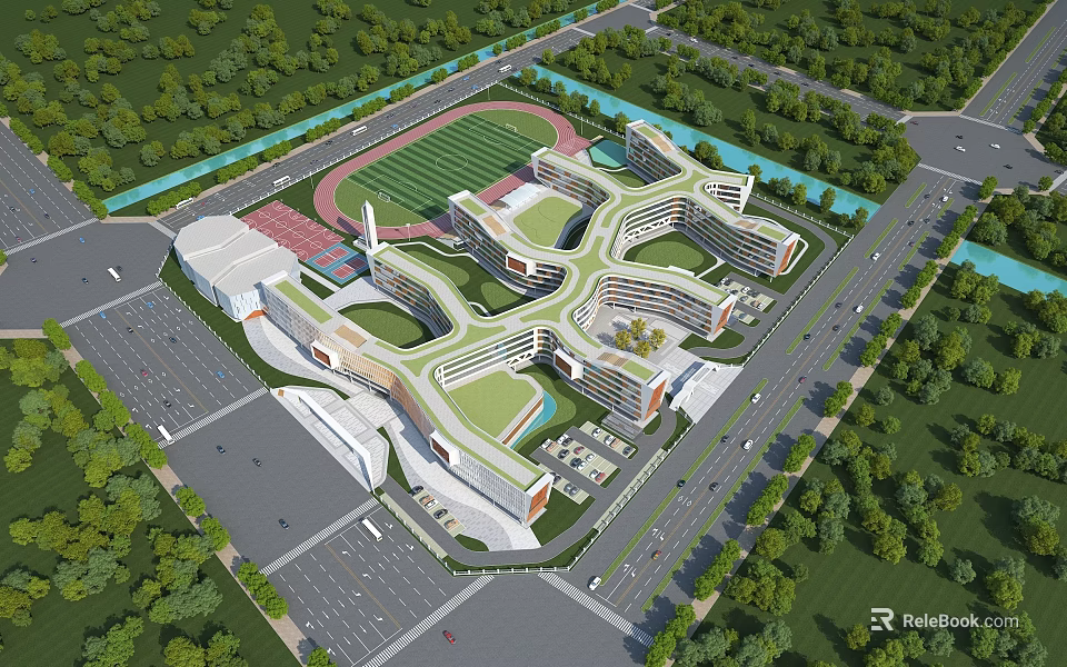 Modern School Building Campus Design With Track And Field Playground Green Surroundings 3d model 