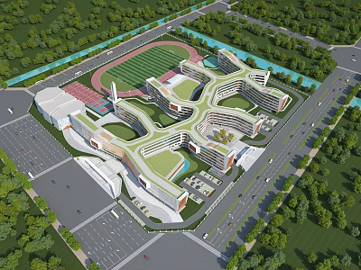 Modern School Building Campus Design With Track And Field Playground Green Surroundings 3d model